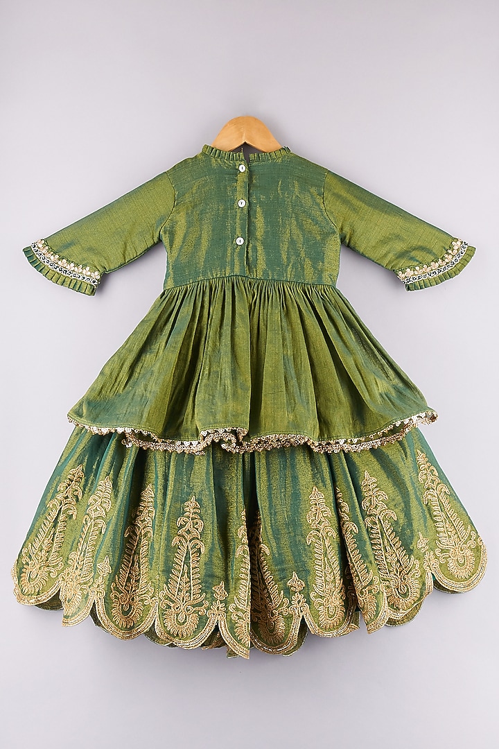 Bottle Green Tissue Embroidered Lehenga Set For Girls by P & S Co at Pernia's Pop Up Shop