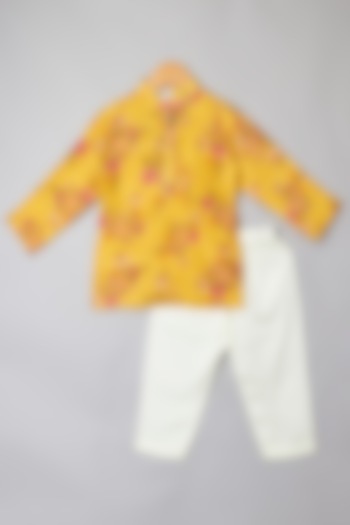 Mustard Yellow Silk Tissue Printed Kurta Set For Boys by P & S Co
