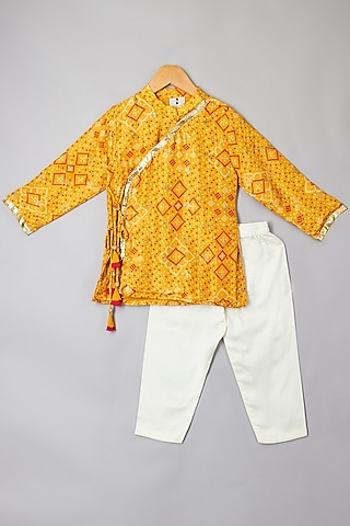 Mustard Yellow Silk Tissue Bandhani Printed & Zari Threadwork Kurta Set For Boys by P & S Co