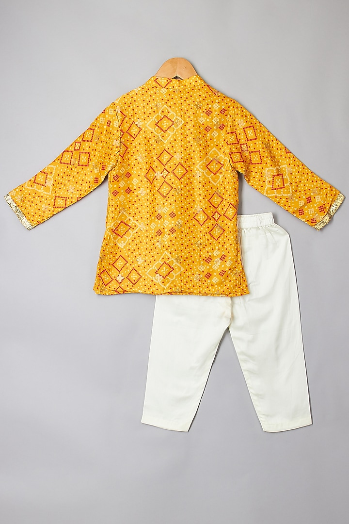 Mustard Yellow Silk Tissue Bandhani Printed & Zari Threadwork Kurta Set For Boys by P & S Co at Pernia's Pop Up Shop