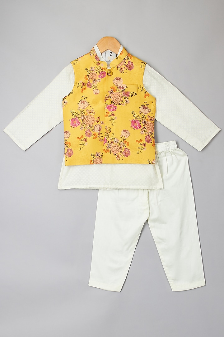 Yellow Silk Printed Jacket With Kurta Set For Boys by P & S Co
