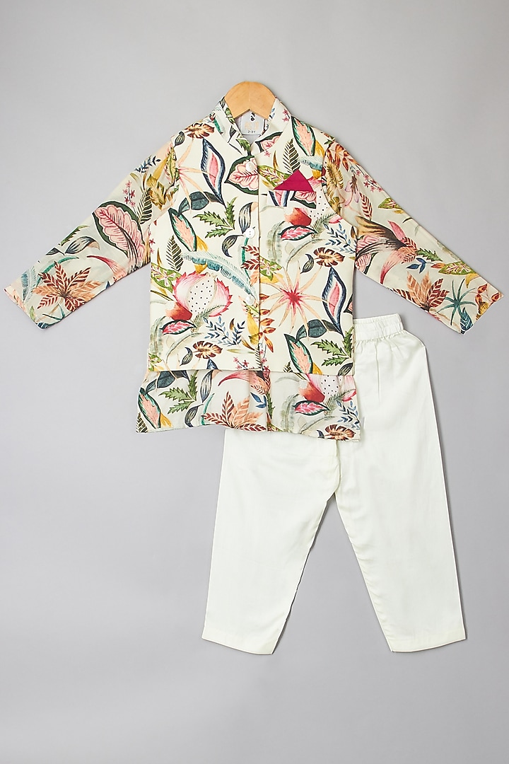 Multi-Colored Floral Printed Jacket With Kurta Set For Boys by P & S Co