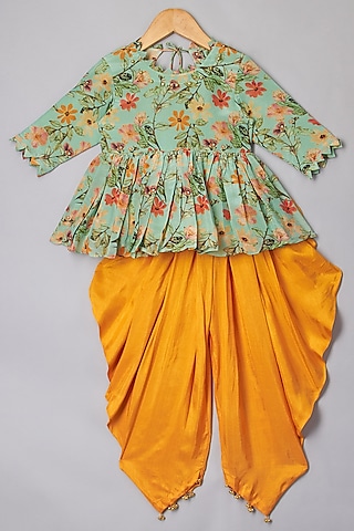 Sea Green Floral Printed Pant Set For Girls by P & S Co