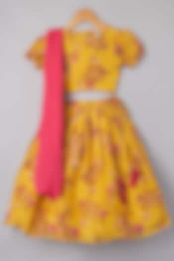 Mustard Yellow Floral Printed Lehenga Set For Girls by P & S Co