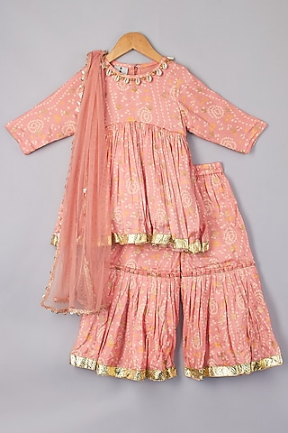 Peach Embellished Sharara Set For Girls by P & S Co