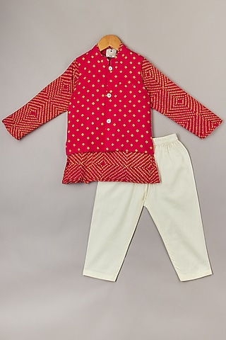 Pink Silk & Flax Cotton Bandhani Printed Bundi Jacket Set For Boys by P & S Co