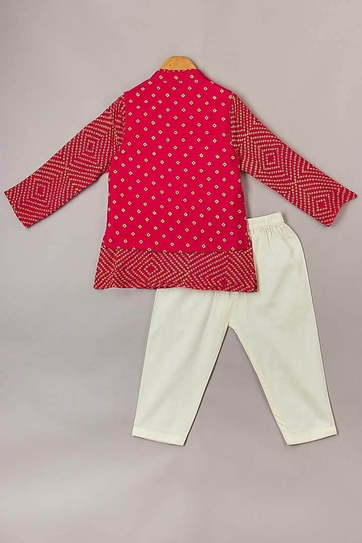 Pink Silk & Flax Cotton Bandhani Printed Bundi Jacket Set For Boys by P & S Co at Pernia's Pop Up Shop