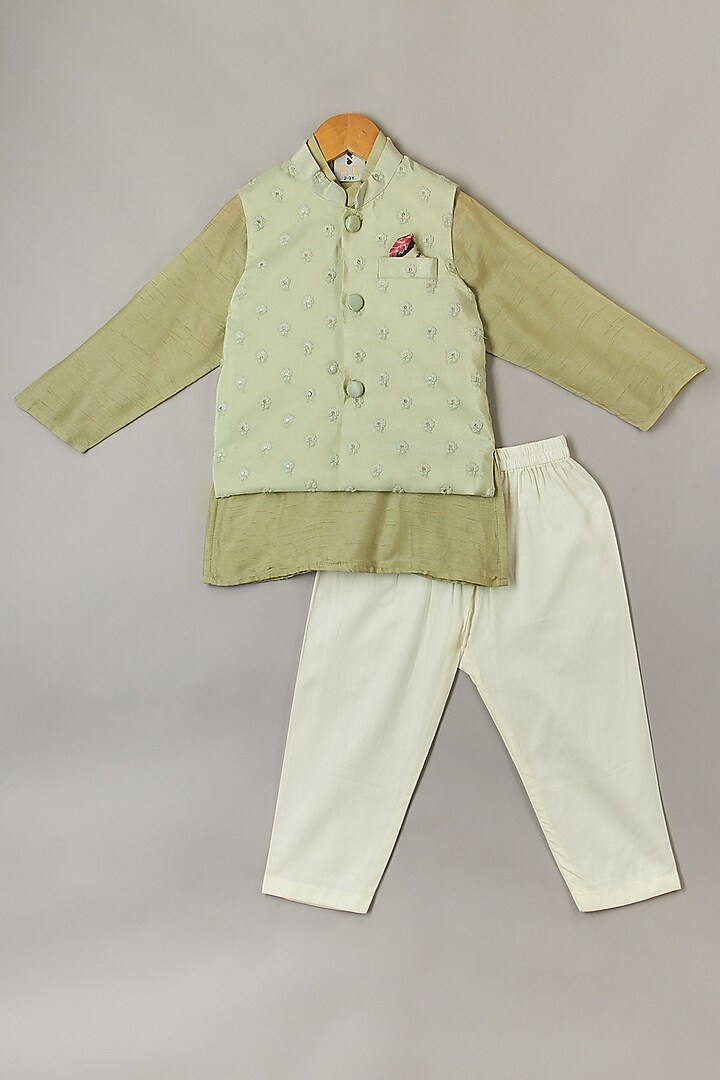 Mint Green Embroidered Bundi Jacket With Kurta Set For Boys by P & S Co