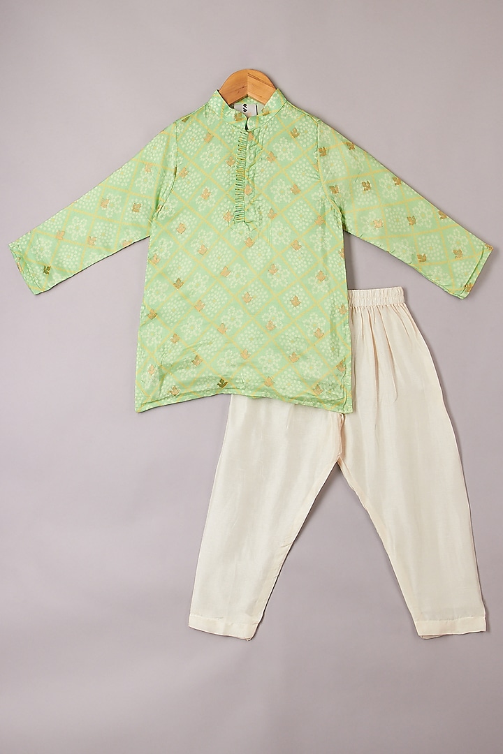 Lime Green Printed Kurta Set For Boys by P & S Co