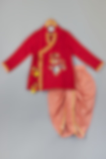Red Embroidered Kurta Set For Boys by P & S Co