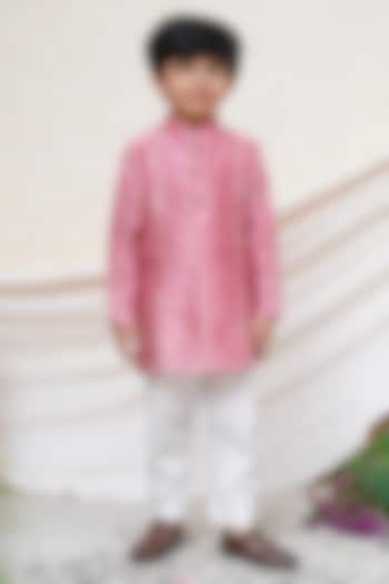 Dusty Pink Chanderi Printed Kurta Set For Boys by P & S Co