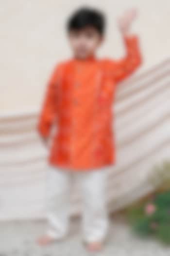 Orange Chanderi Printed Kurta Set For Boys by P & S Co