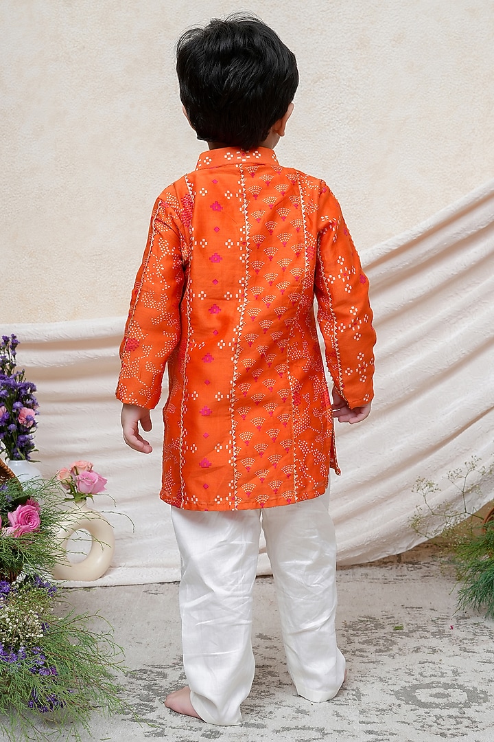 Orange Chanderi Printed Kurta Set For Boys by P & S Co at Pernia's Pop Up Shop