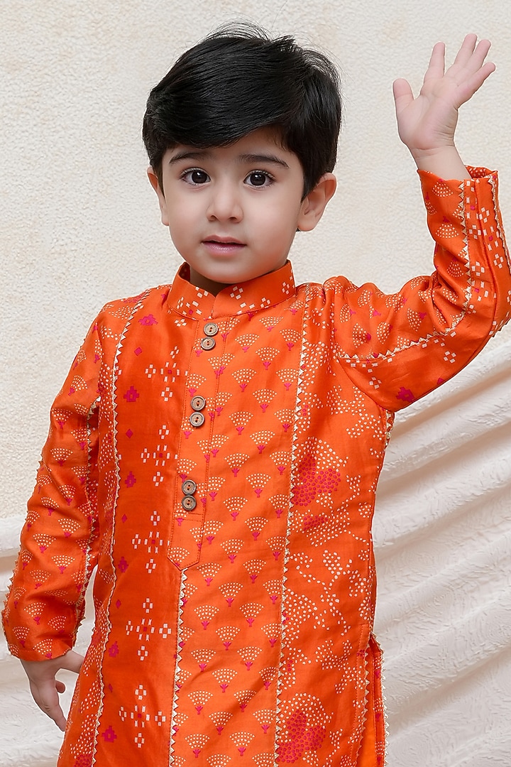 Orange Chanderi Printed Kurta Set For Boys by P & S Co at Pernia's Pop Up Shop