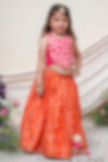 Orange Chanderi Embroidered Lehenga Set For Girls by P & S Co at Pernia's Pop Up Shop