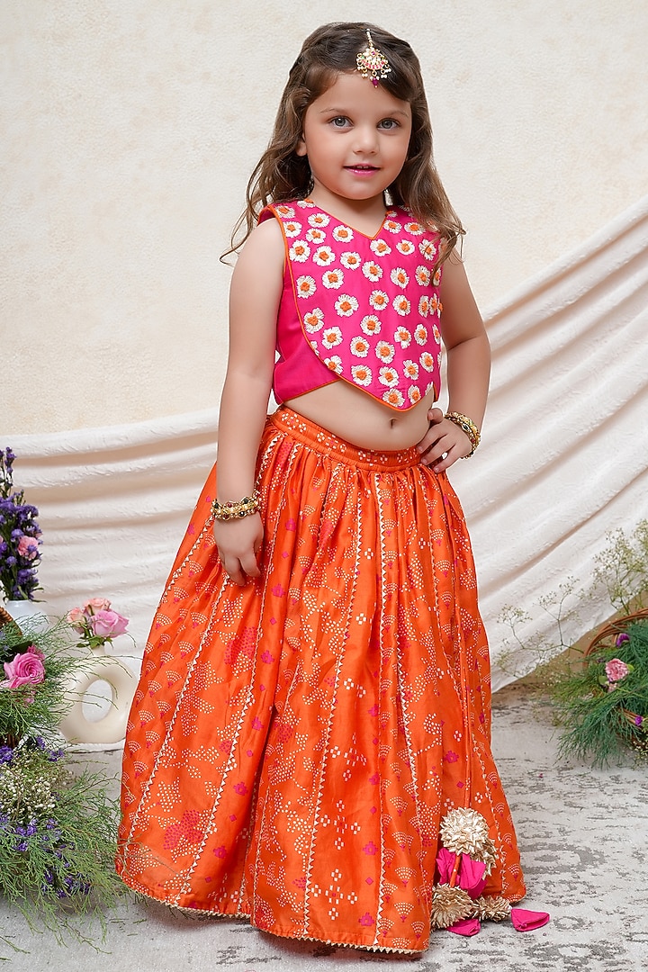 Orange Chanderi Embroidered Lehenga Set For Girls by P & S Co at Pernia's Pop Up Shop