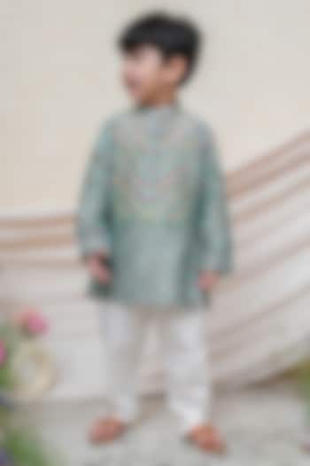 Mint Chanderi Floral Printed Kurta Set For Boys by P & S Co