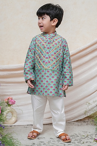 Mint Chanderi Floral Printed Kurta Set For Boys by P & S Co