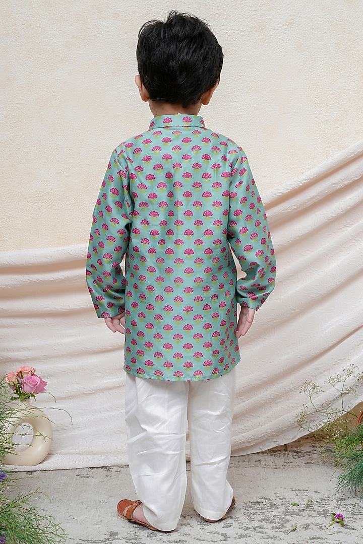 Mint Chanderi Floral Printed Kurta Set For Boys by P & S Co at Pernia's Pop Up Shop
