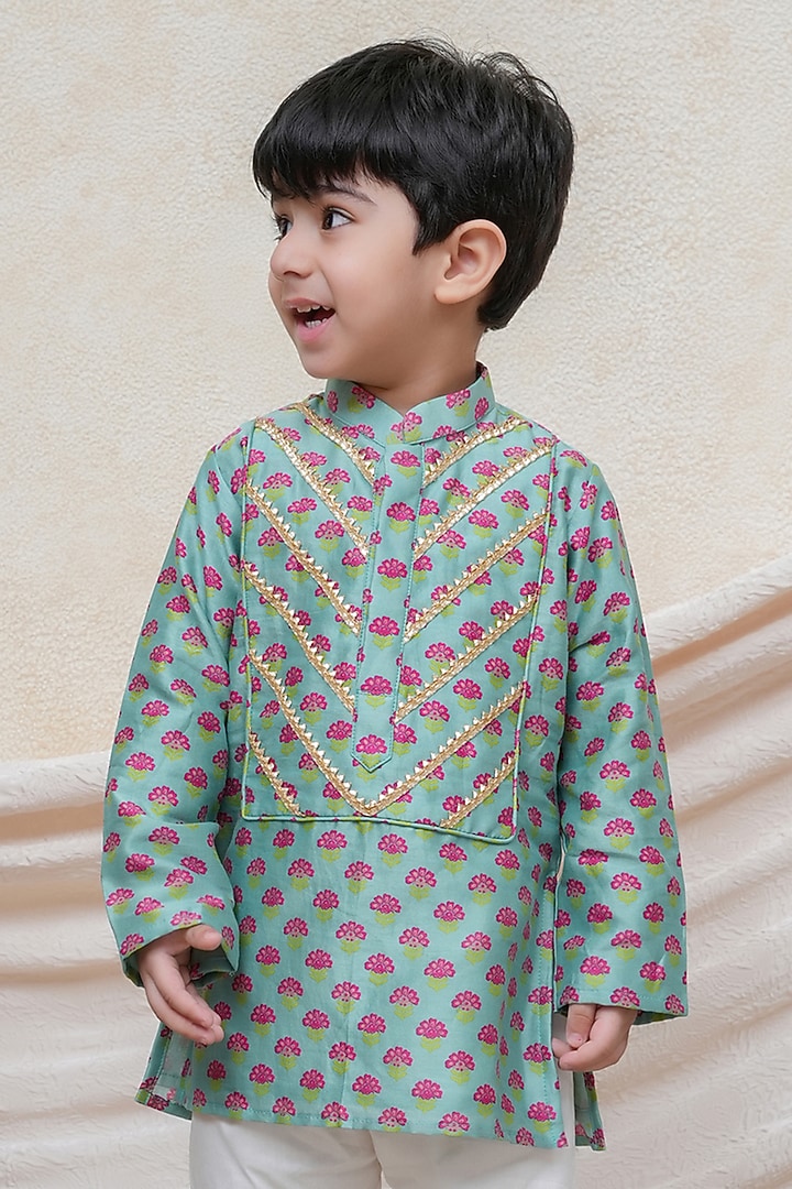 Mint Chanderi Floral Printed Kurta Set For Boys by P & S Co at Pernia's Pop Up Shop