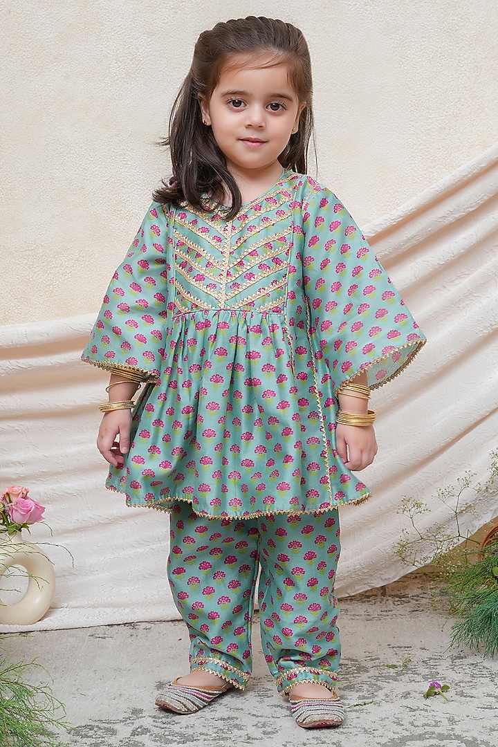 Mint Chanderi Floral Printed Kurta Set For Girls by P & S Co at Pernia's Pop Up Shop