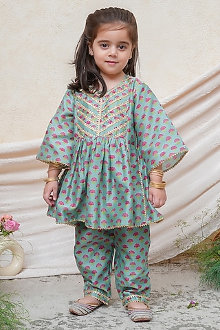 Mint Chanderi Floral Printed Kurta Set For Girls by P & S Co