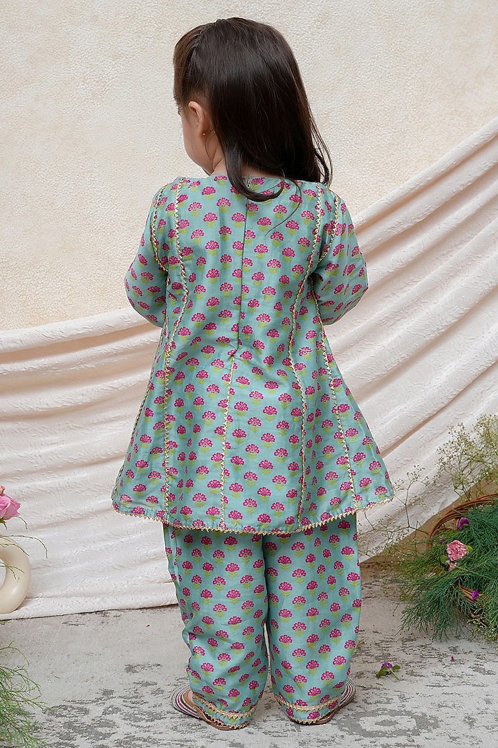 Mint Chanderi Floral Printed Kurta Set For Girls by P & S Co at Pernia's Pop Up Shop