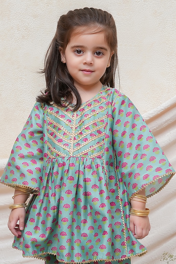 Mint Chanderi Floral Printed Kurta Set For Girls by P & S Co at Pernia's Pop Up Shop