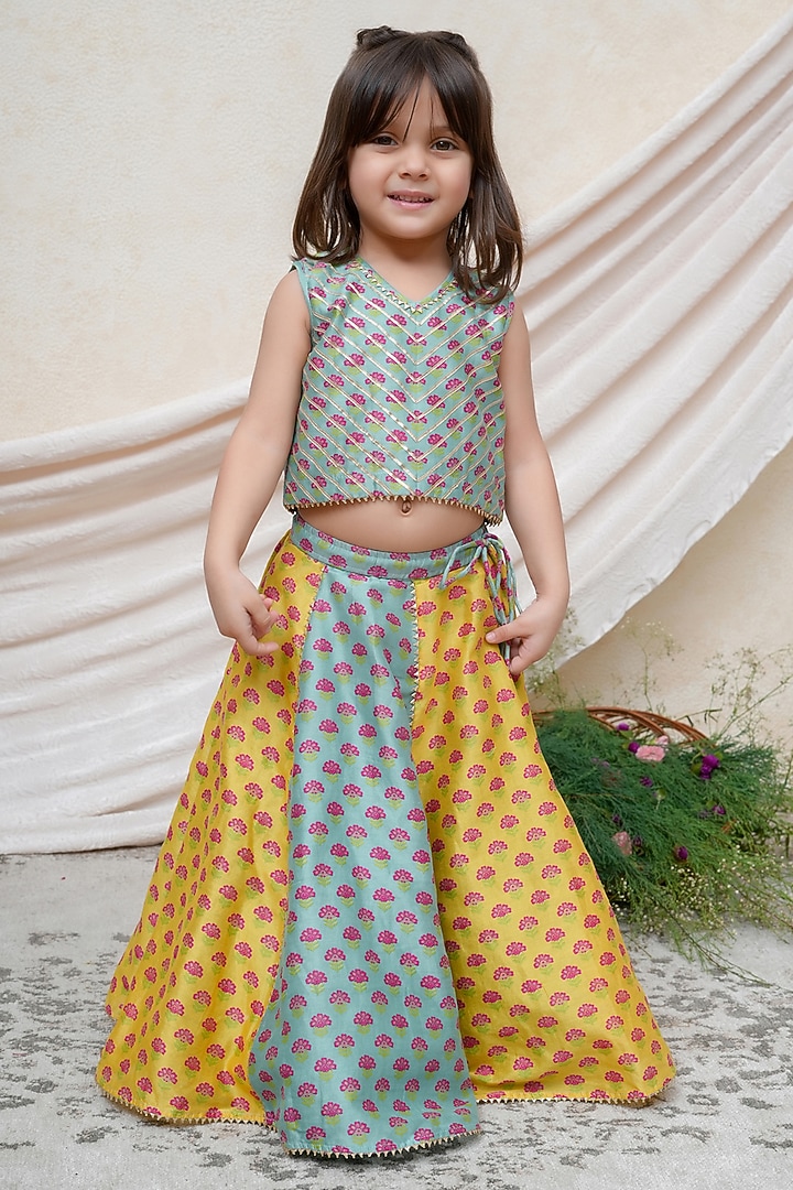 Mint & Yellow Chanderi Floral Printed Lehenga Set For Girls by P & S Co at Pernia's Pop Up Shop