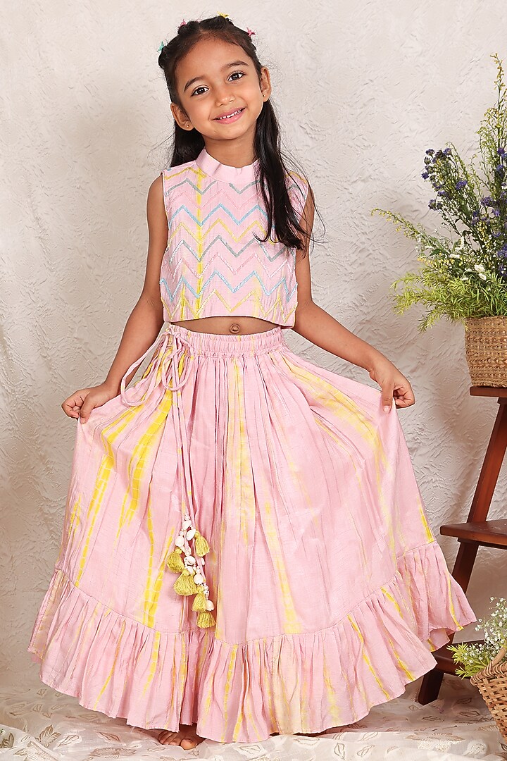 Pink Silk Cutdana Work Lehenga Set For Girls by P & S Co at Pernia's Pop Up Shop