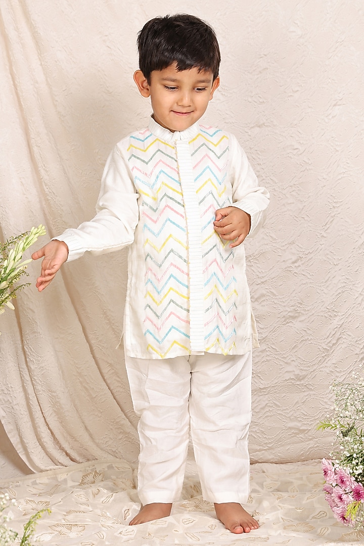 Off-White Silk Cutdana Work Kurta Set For Boys by P & S Co