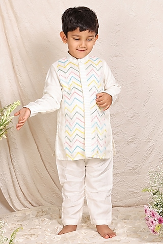 Off-White Silk Cutdana Work Kurta Set For Boys by P & S Co