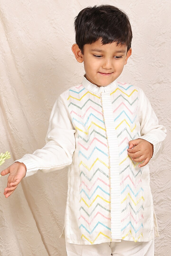 Off-White Silk Cutdana Work Kurta Set For Boys by P & S Co at Pernia's Pop Up Shop