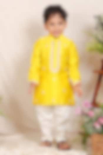 Yellow Chanderi Thread Work Kurta Set For Boys by P & S Co