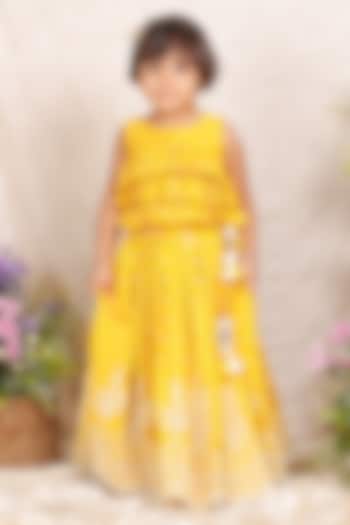 Yellow Chanderi Printed & Thread Embroidered Lehenga Set For Girls by P & S Co at Pernia's Pop Up Shop