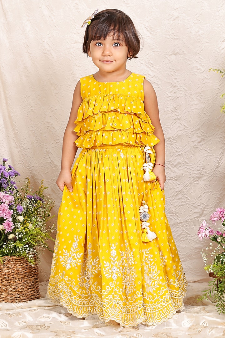 Yellow Chanderi Printed & Thread Embroidered Lehenga Set For Girls by P & S Co at Pernia's Pop Up Shop