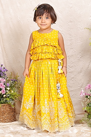 Yellow Chanderi Printed & Thread Embroidered Lehenga Set For Girls by P & S Co