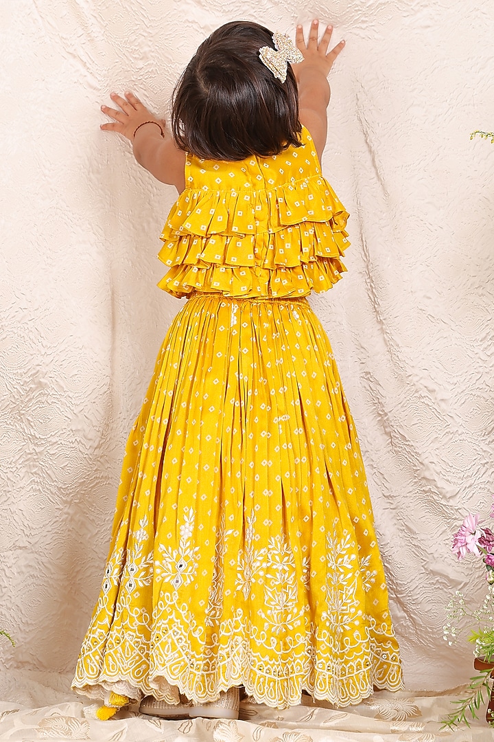 Yellow Chanderi Printed & Thread Embroidered Lehenga Set For Girls by P & S Co at Pernia's Pop Up Shop