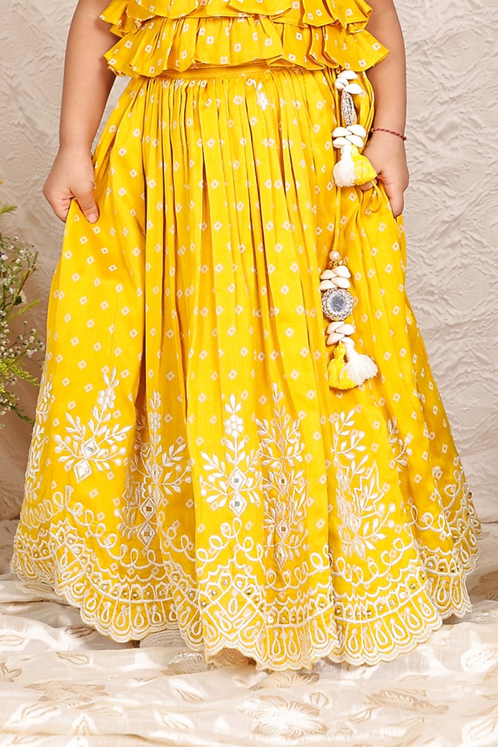Yellow Chanderi Printed & Thread Embroidered Lehenga Set For Girls by P & S Co at Pernia's Pop Up Shop