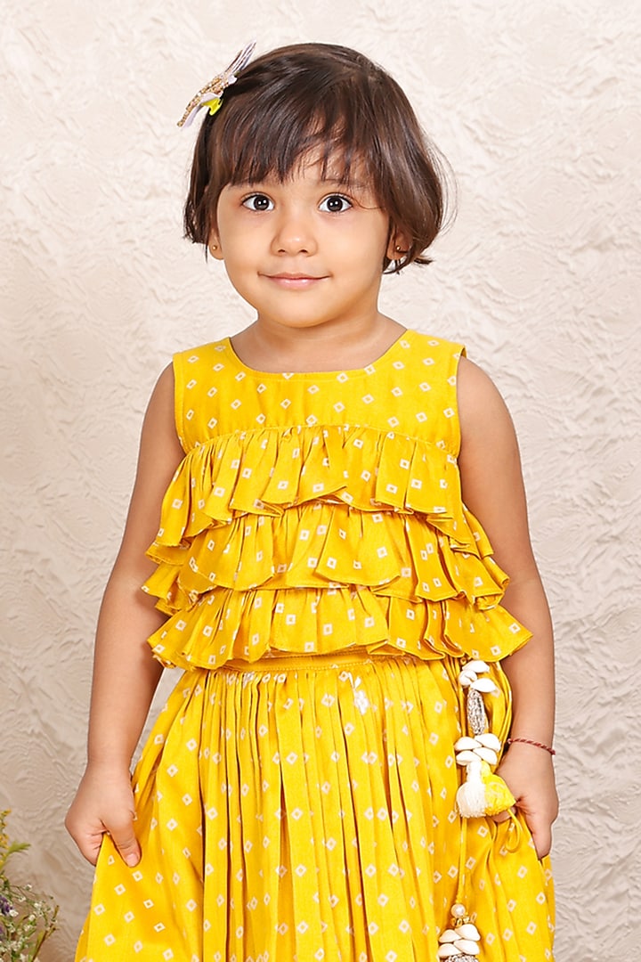Yellow Chanderi Printed & Thread Embroidered Lehenga Set For Girls by P & S Co at Pernia's Pop Up Shop