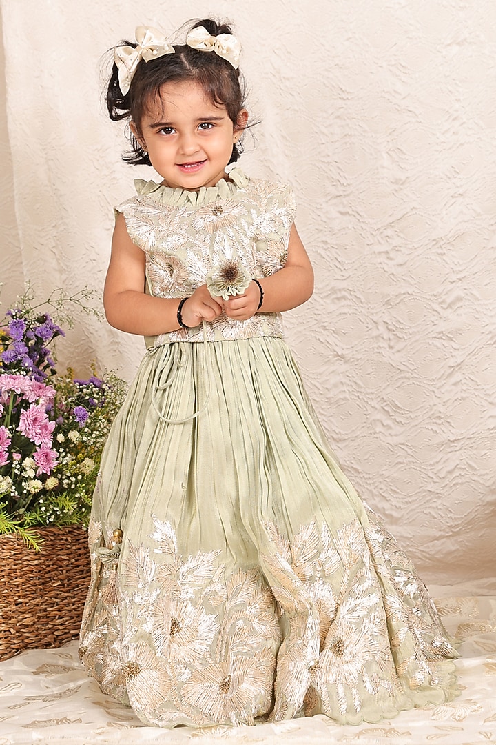 Green Banarasi Silk Tissue Embroidered Lehenga Set For Girls by P & S Co at Pernia's Pop Up Shop