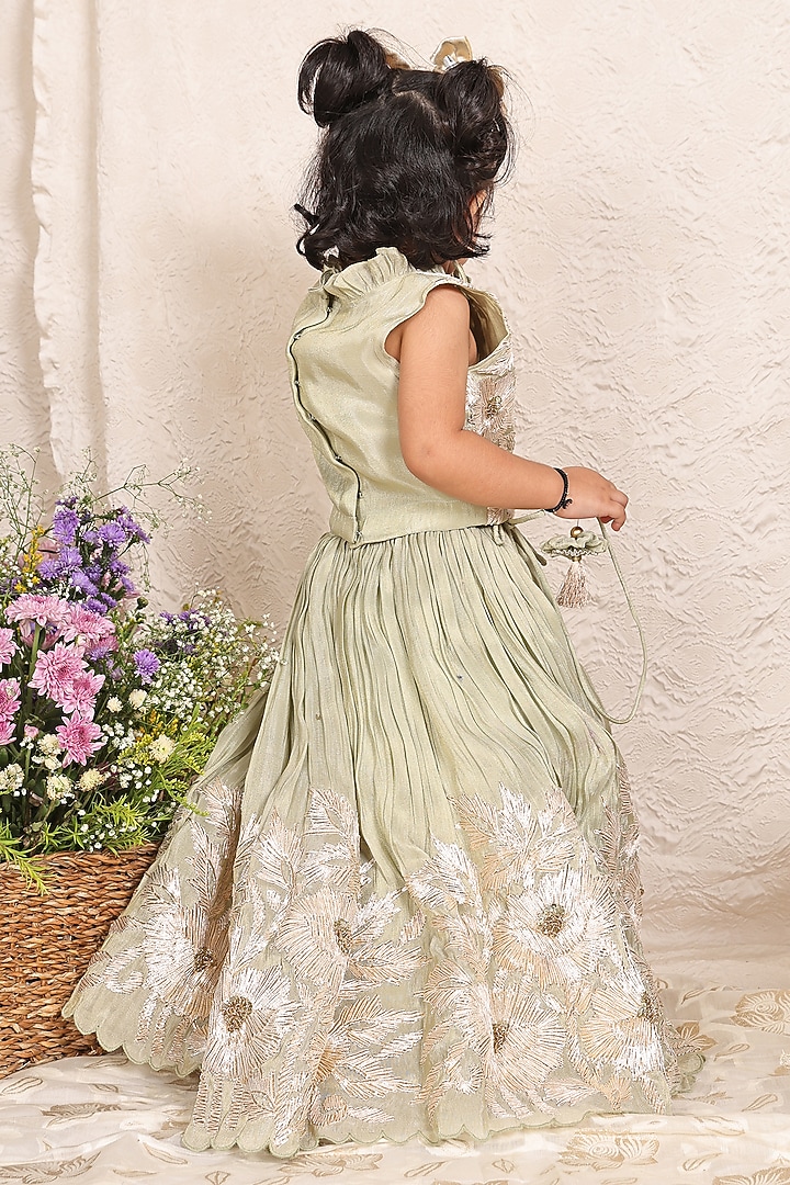 Green Banarasi Silk Tissue Embroidered Lehenga Set For Girls by P & S Co at Pernia's Pop Up Shop
