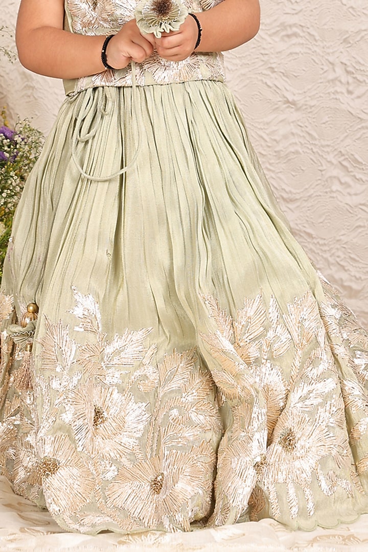Green Banarasi Silk Tissue Embroidered Lehenga Set For Girls by P & S Co at Pernia's Pop Up Shop