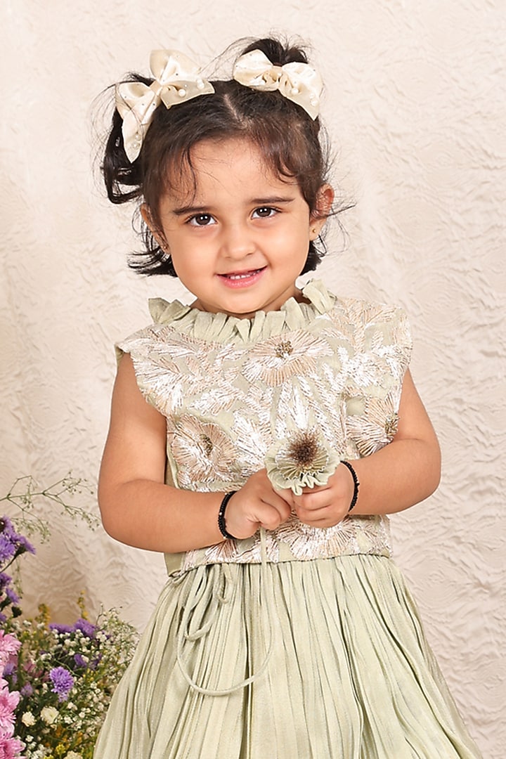 Green Banarasi Silk Tissue Embroidered Lehenga Set For Girls by P & S Co at Pernia's Pop Up Shop