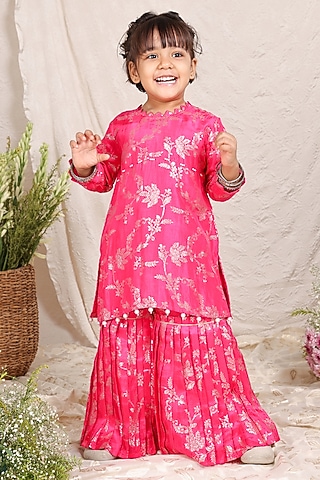 Pink Silk Brocade Sharara Set For Girls by P & S Co