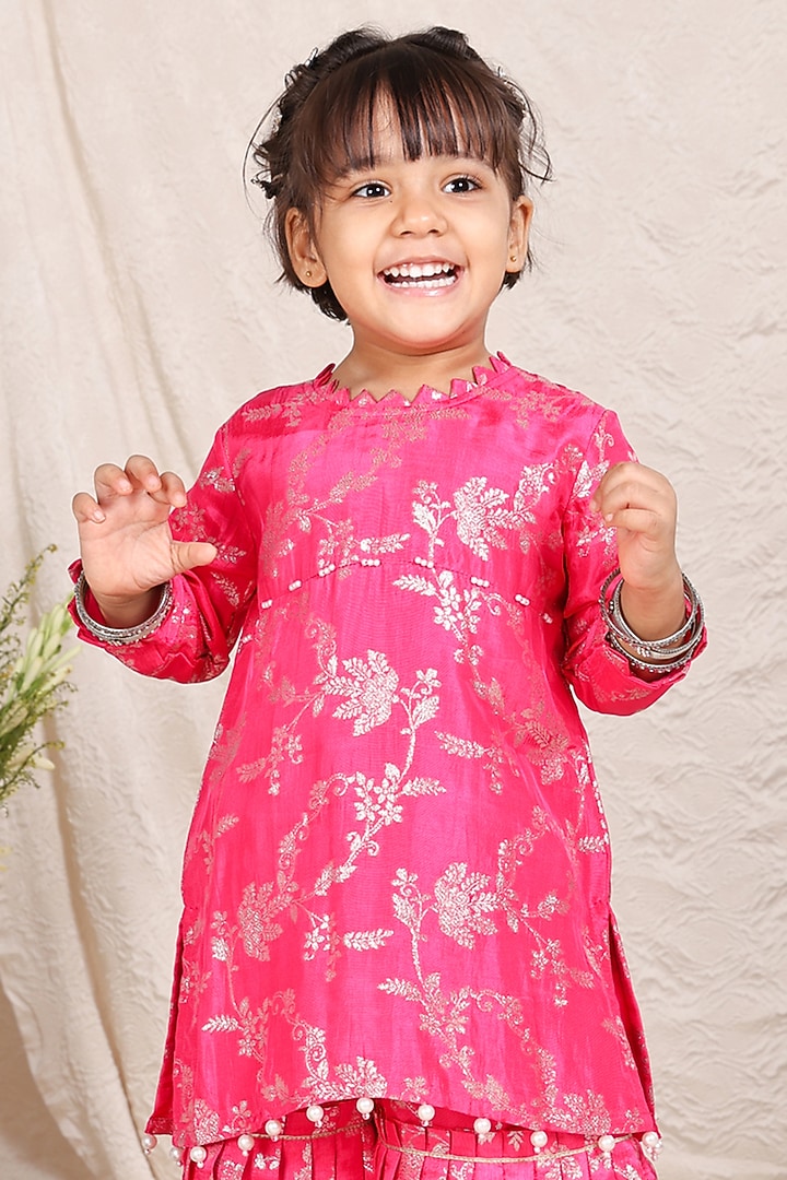 Pink Silk Brocade Sharara Set For Girls by P & S Co at Pernia's Pop Up Shop