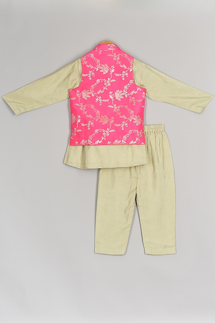 Pink Silk Embroidered Nehru Jacket Set For Boys by P & S Co at Pernia's Pop Up Shop