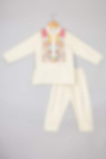 Off-White Flax Cotton Thread Embroidered Kurta Set For Boys by P & S Co