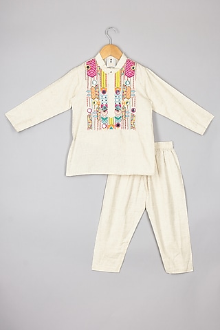 Off-White Flax Cotton Thread Embroidered Kurta Set For Boys by P & S Co