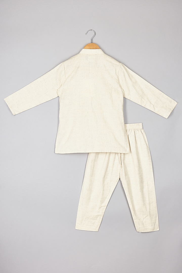 Off-White Flax Cotton Thread Embroidered Kurta Set For Boys by P & S Co at Pernia's Pop Up Shop